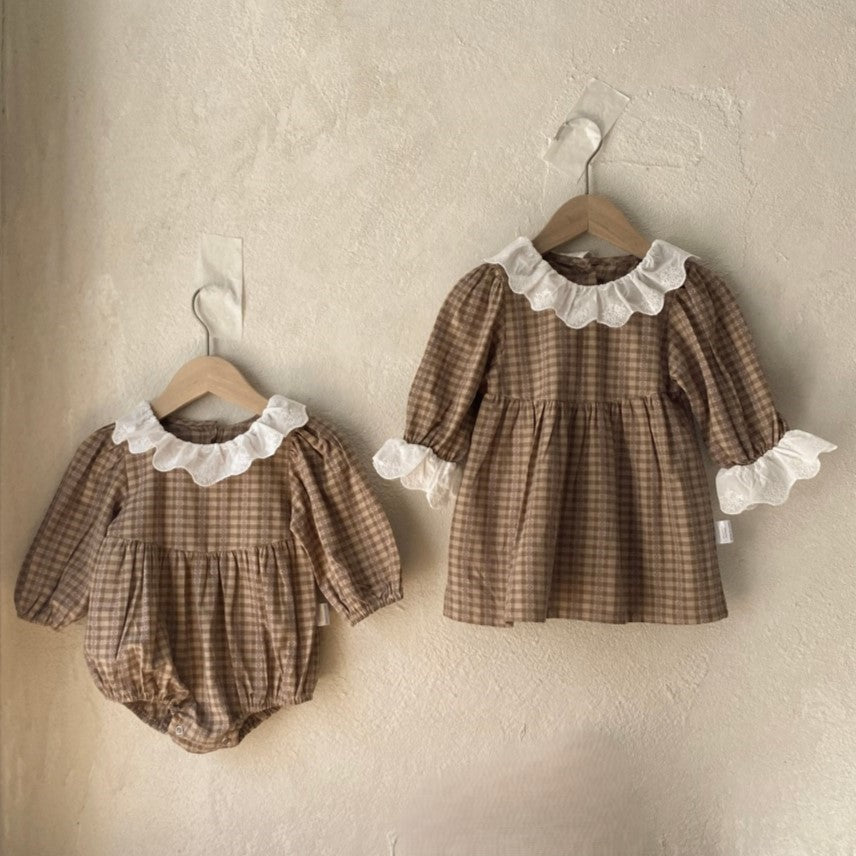 (In Production)Sisters Fall Plaid Lace Ruffle Dress&Romper