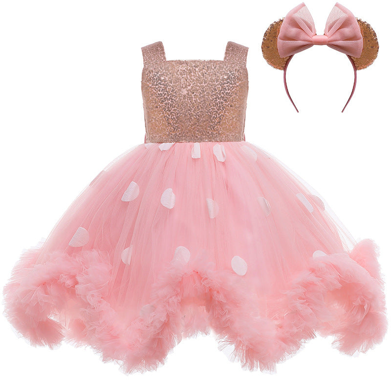 PRE ORDER)GIRLS PINK MESH POLKA DOT FLUFFY DRESS WITH HAIR HOOP
