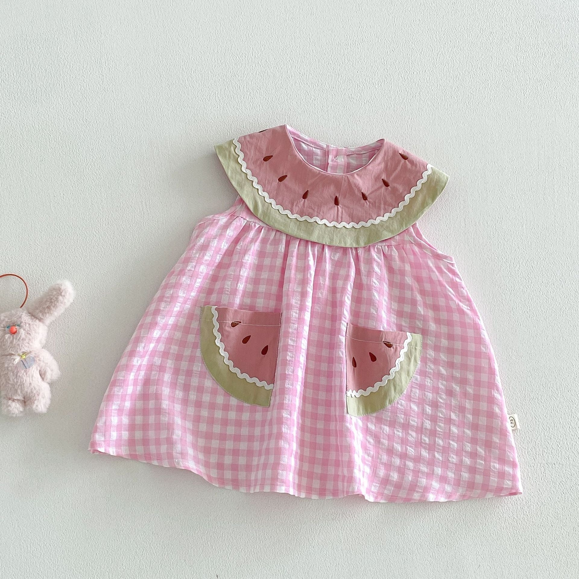 (In Production)Sisters Summer Watermelon Embroidery Scallop Dress&Romper with Pockets