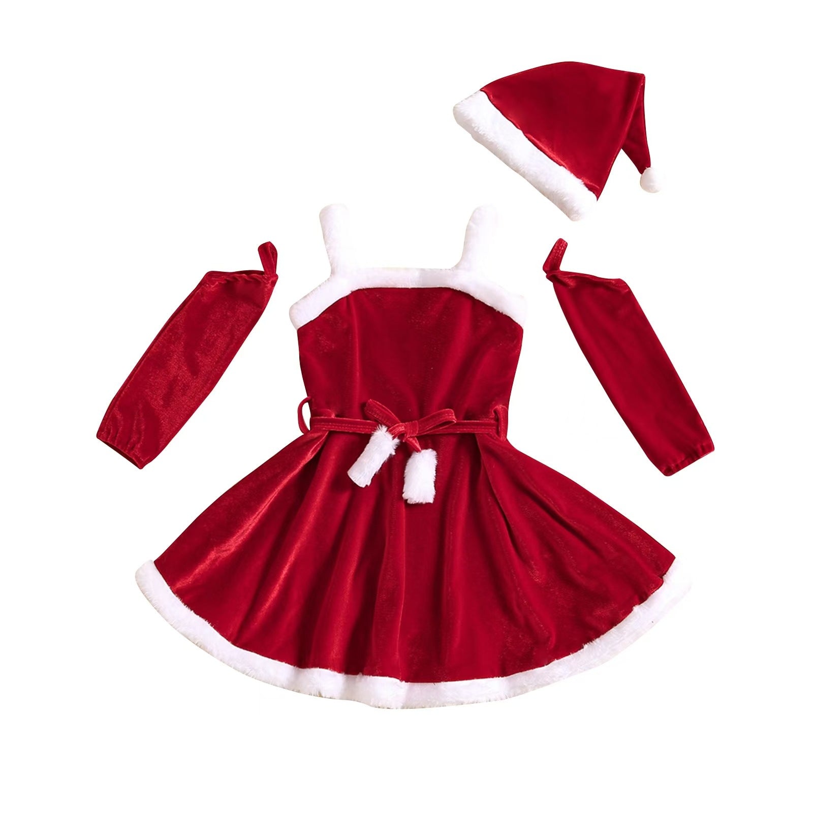 (In Production)Girls Christmas Red Velvet Slip Dress with Hat