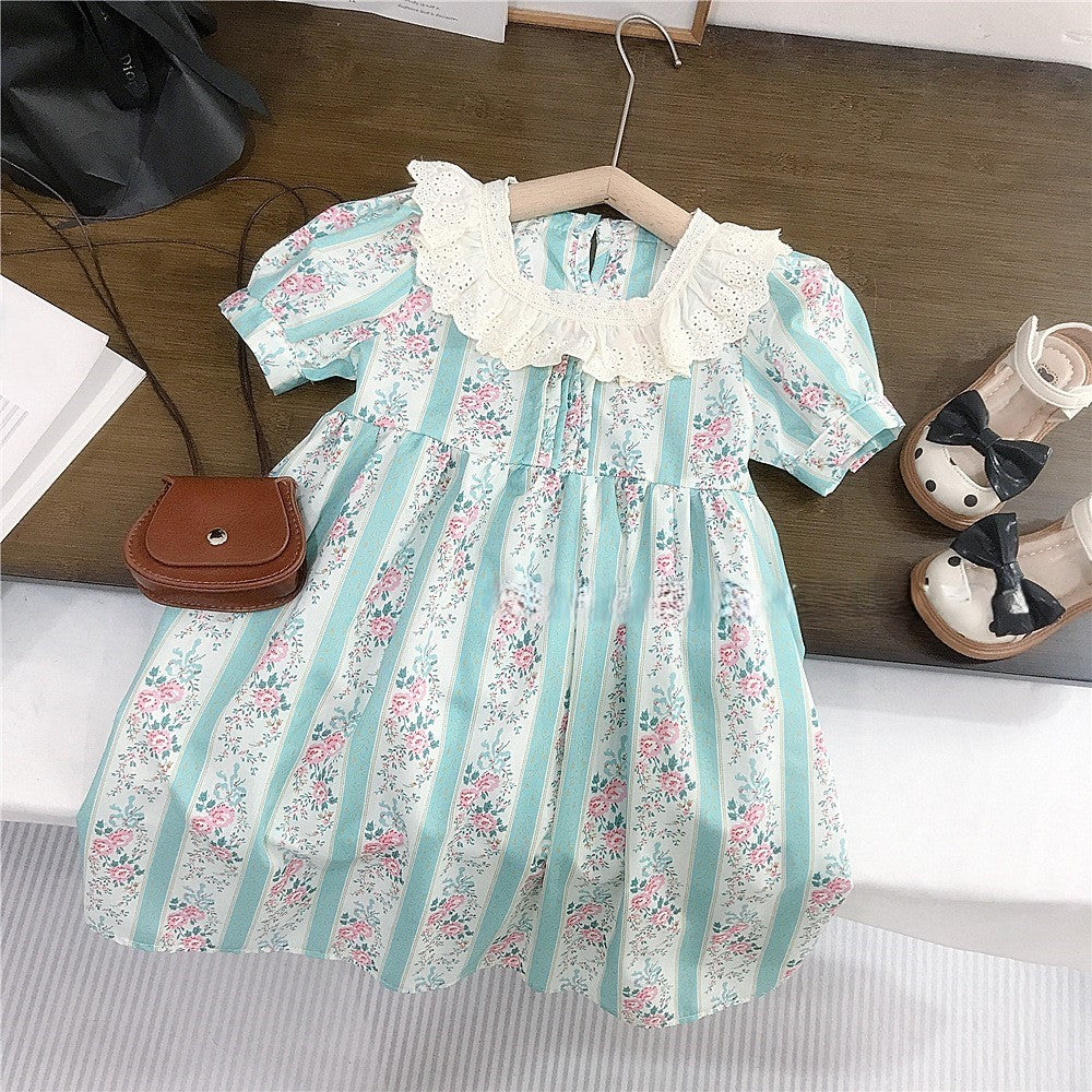 (In Production)Girls Spring&Summer Floral Print Lace Ruffle Dress