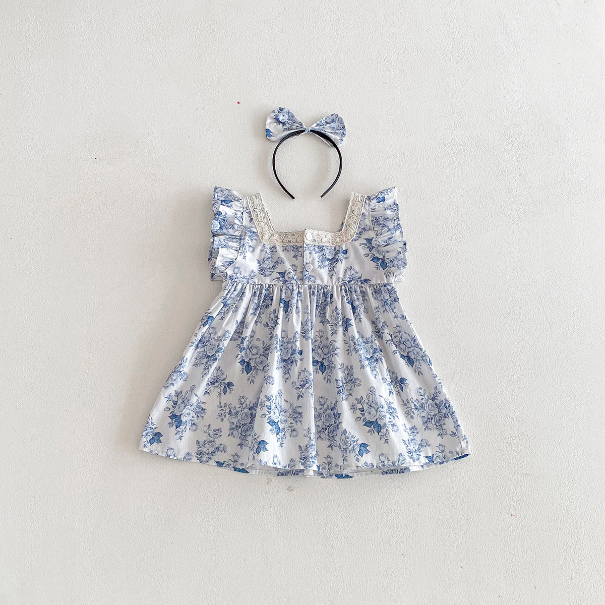 (In Production)Sisters Spring&Summer Blue Floral Print Dress,Romper
