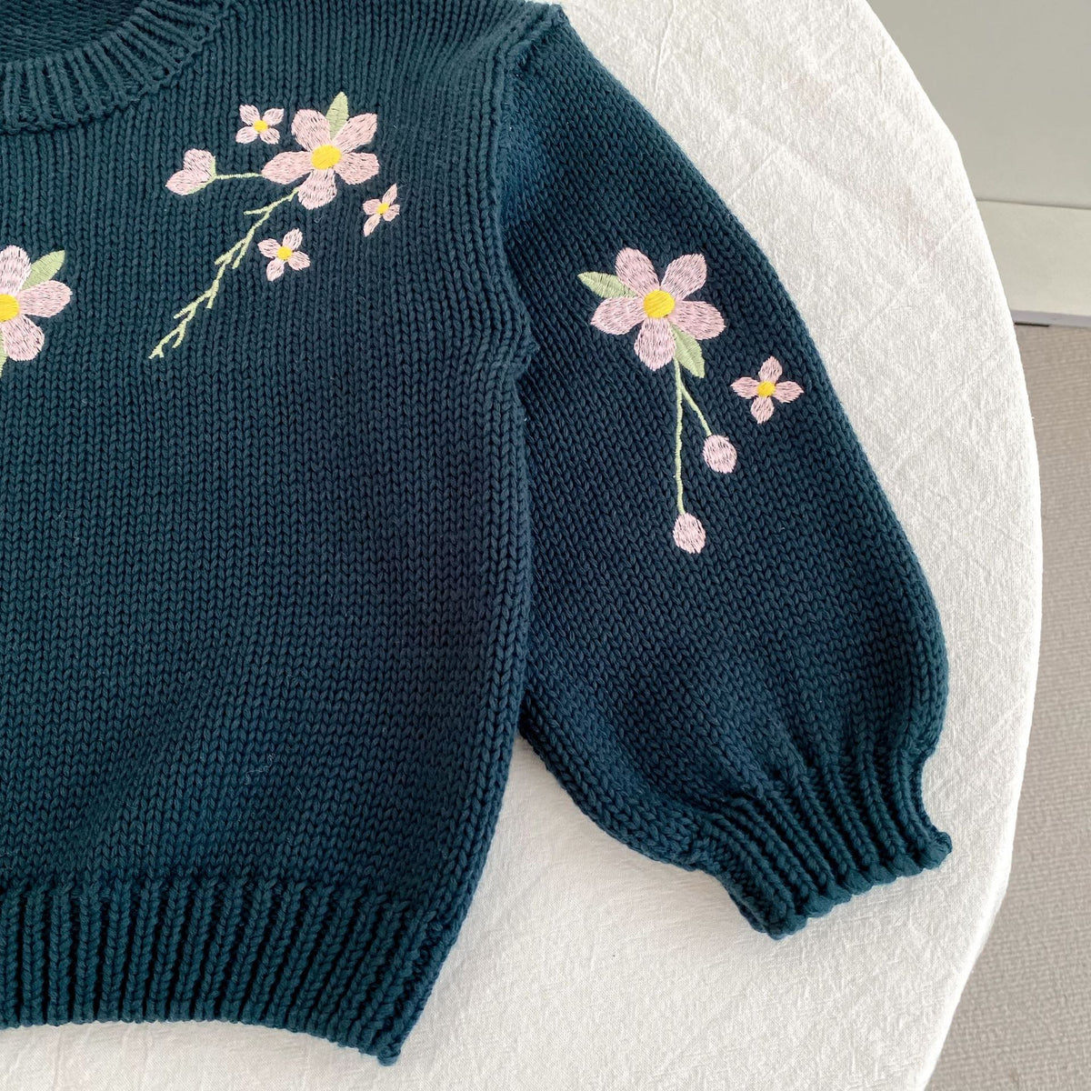 (Pre Order 2 Weeks)Girls Fall Floral Embroidery Navy Blue Sweater