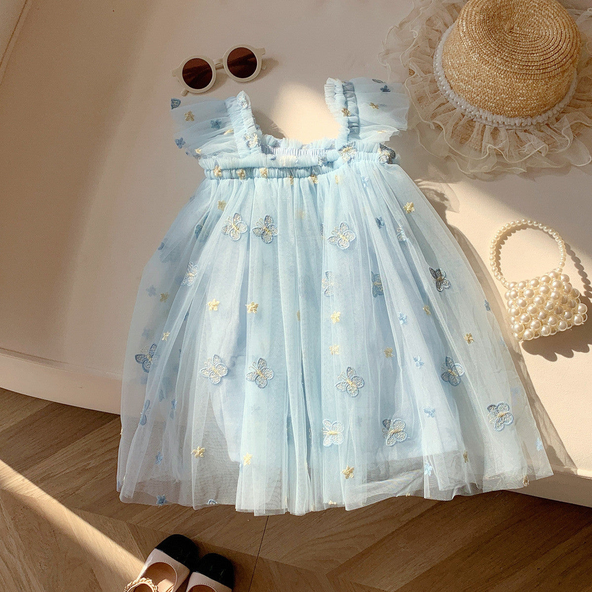 (In Production)Girls Spring&Summer Butterfly Embroidery Tulle Dress