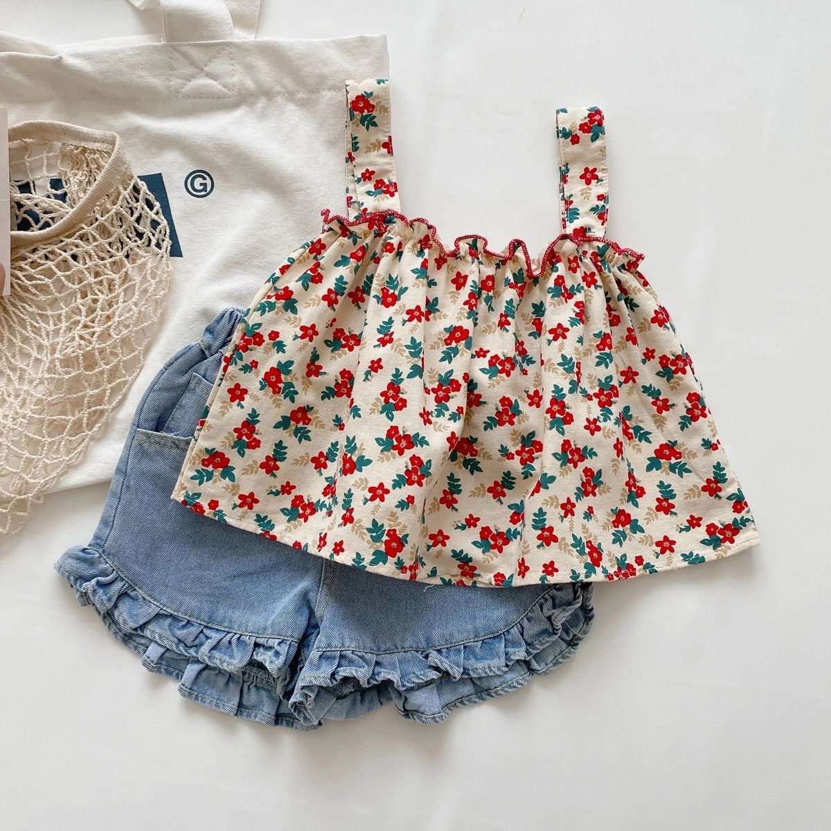 (In Production)Girls Spring&Summer Floral Print Denim Shorts Set