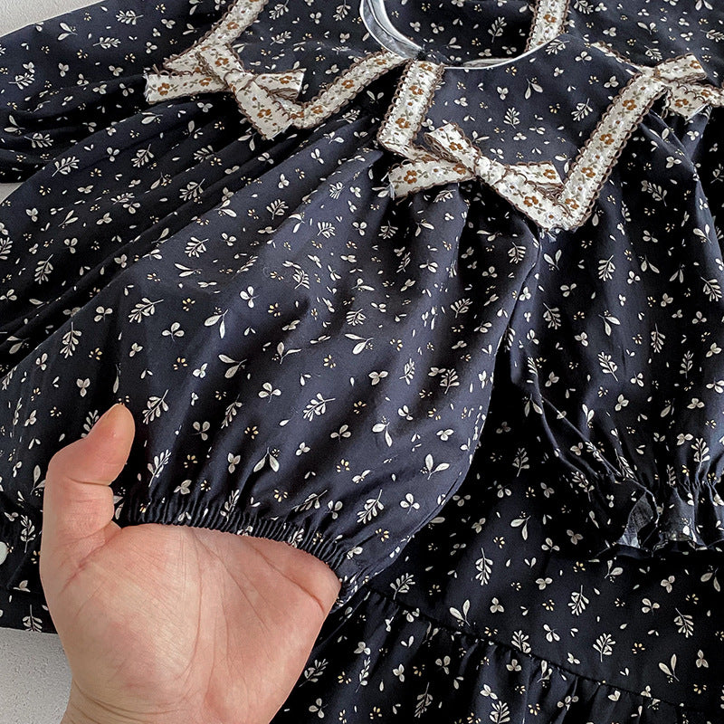 (In Production)Sisters Fall Floral Print Bow Dress&Romper