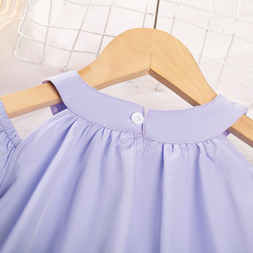 (In Production)Girls Spring and Summer Lavender Puffed Sleeves Dress