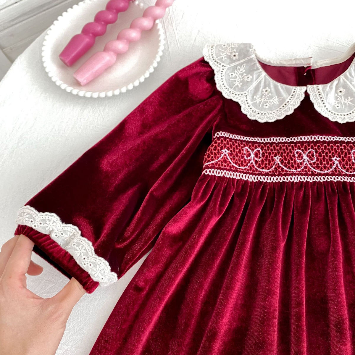 (Pre Order 2 Weeks)Sisters Red Velvet Smocked Dress&Romper