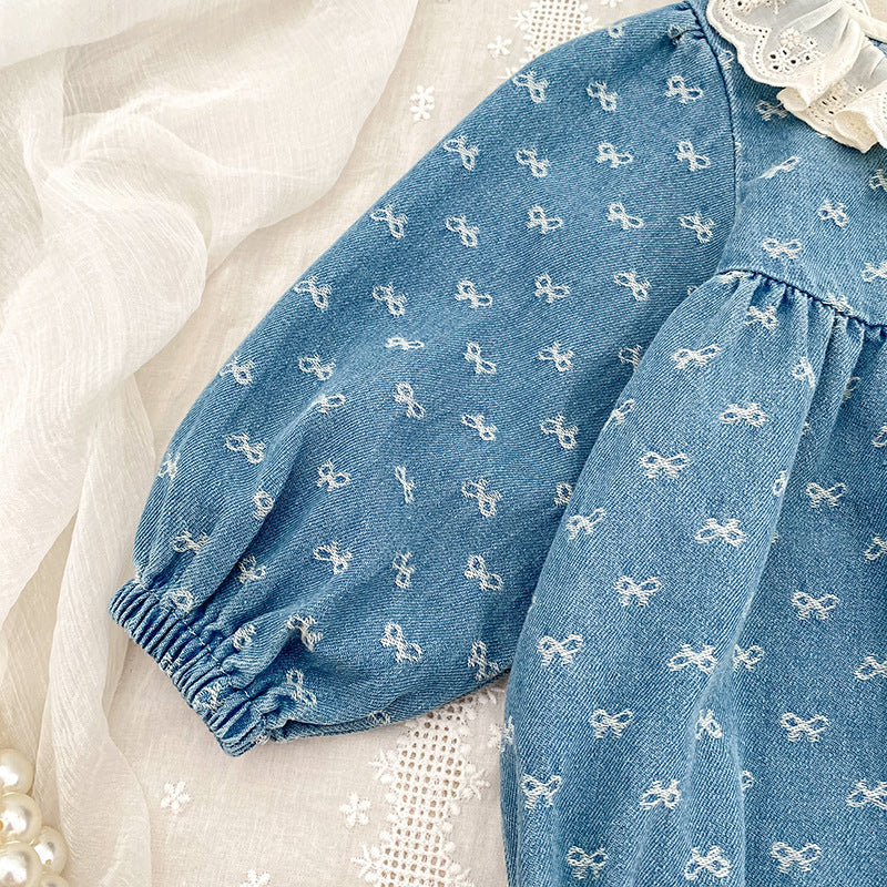 (Pre Order 2 Weeks)Sisters Fall Bow Ruffle Denim Dress&Romper