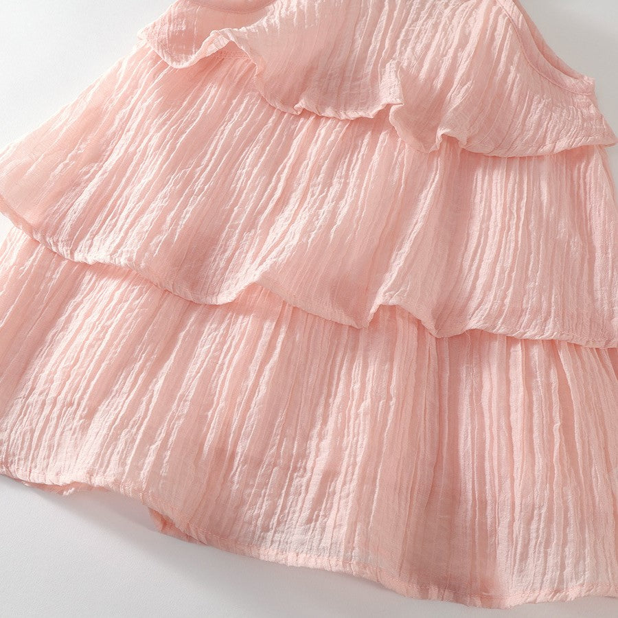 (In Production)Girls Pink Neck-wrap Tiered Dress