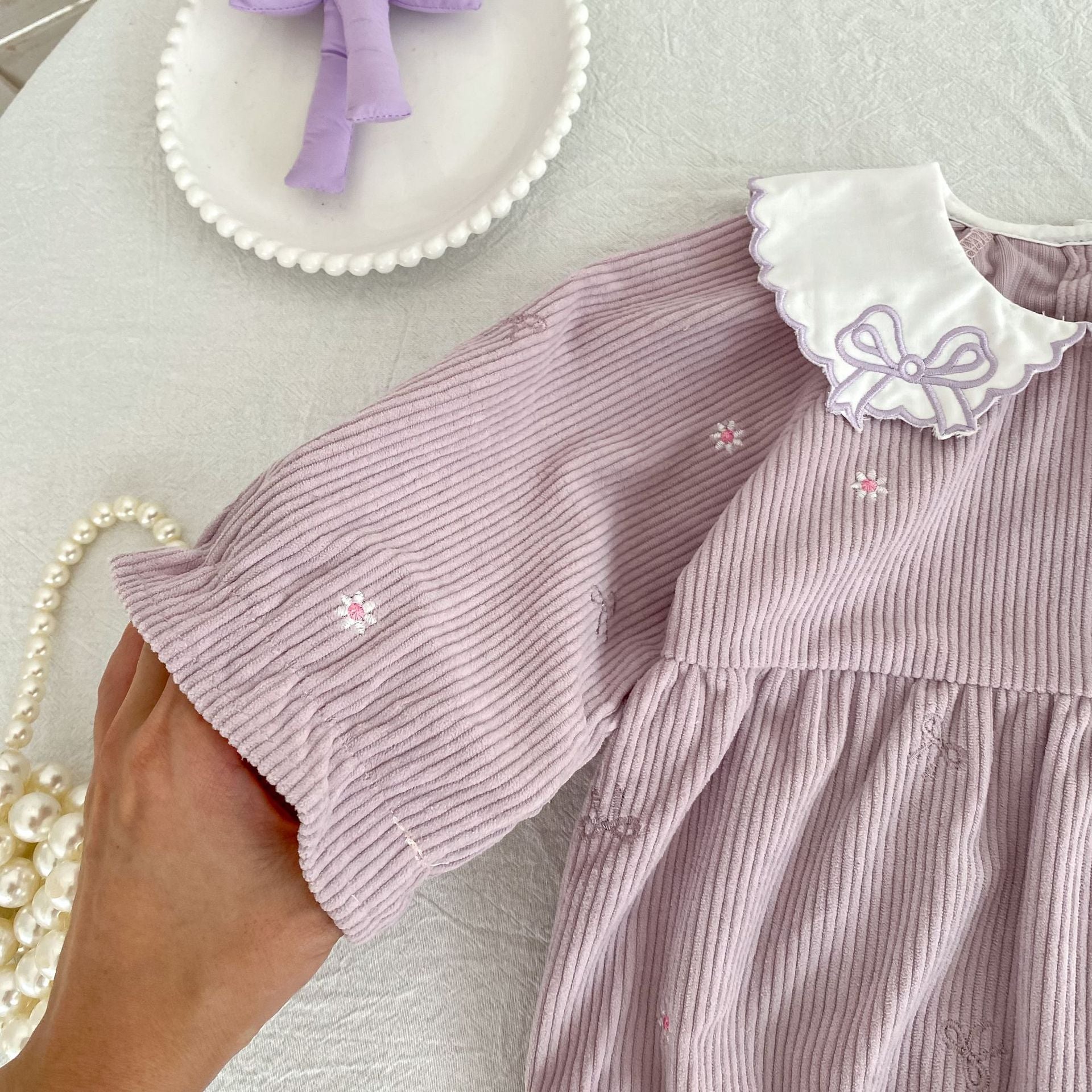 (Pre Order 2 Weeks)Sisters Fall Bow Embroidery Collar Corduroy Dress&Romper