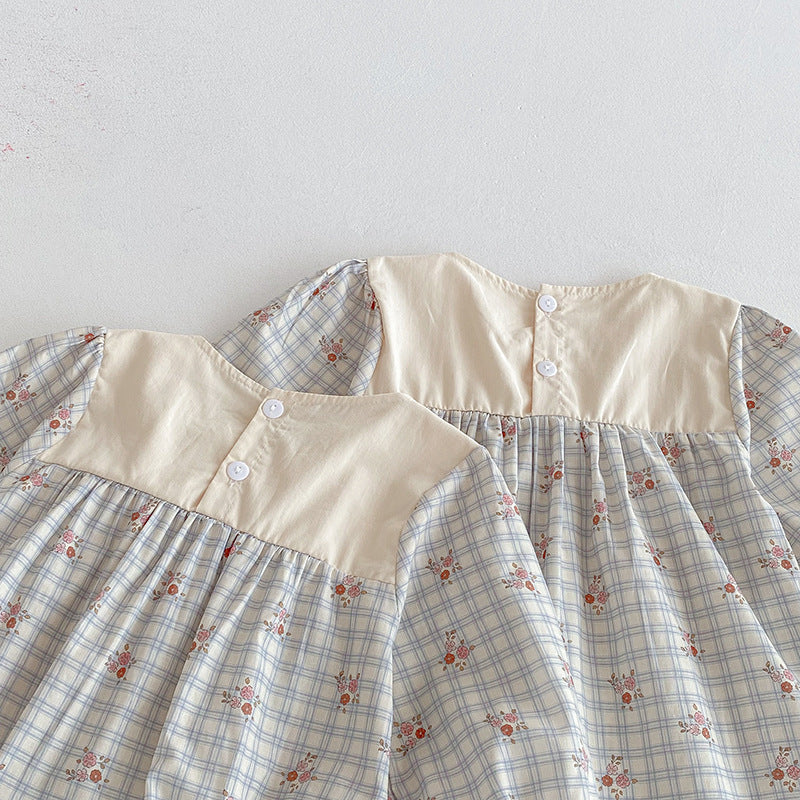 (In Production)Sisters Fall Floral Print Lace Bow Dress&Romper