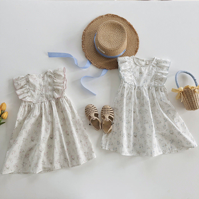 (In Production)Girls Spring&Summer Floral Print Flying Sleeves Dress