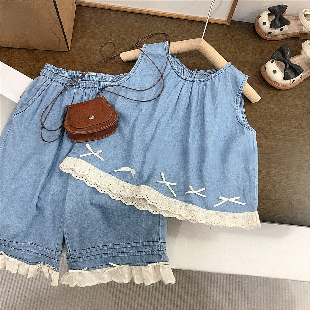(In Production)Girls Spring&Summer Lace Ruffle Denim Outfit Set