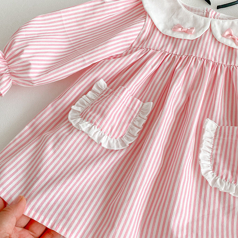 (In Production)Sisters Fall Pink Stripe Dress&Romper with Pockets