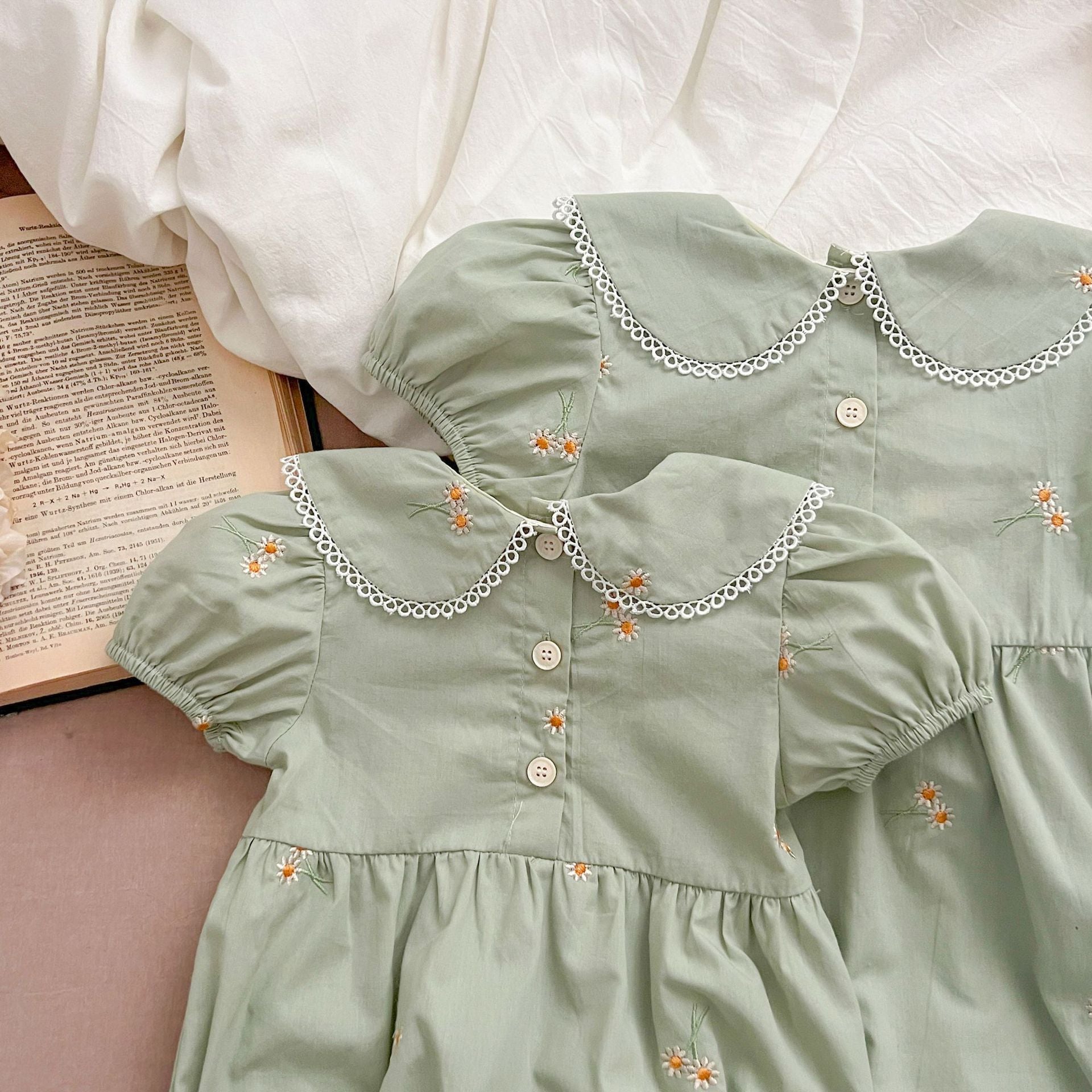 (In Production)Sisters Spring&Summer Floral Embroidery Doll Collar Dress&Romper