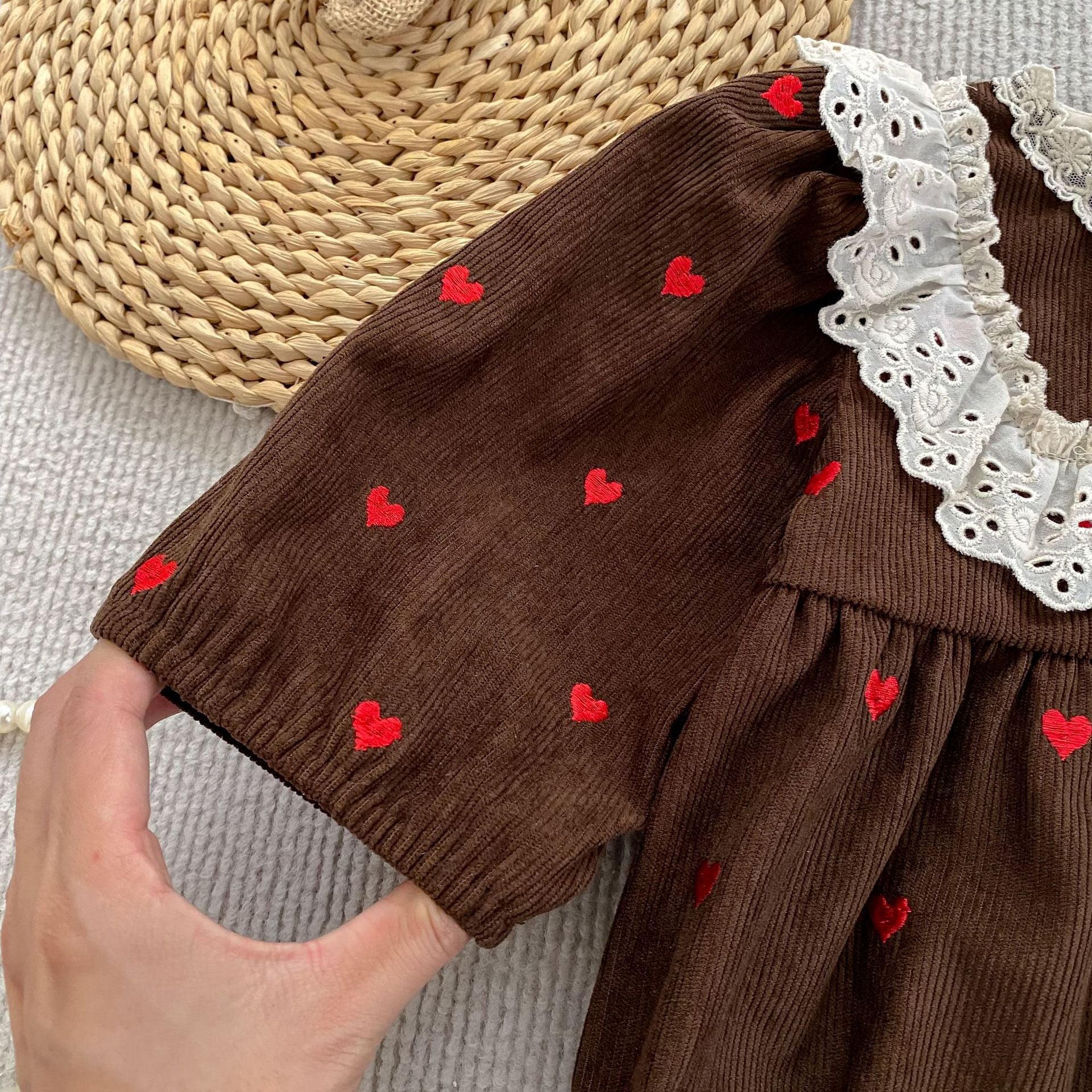 (Pre Order 2 Weeks)Sisters Fall Heart Embroidery Corduroy Dress&Romper