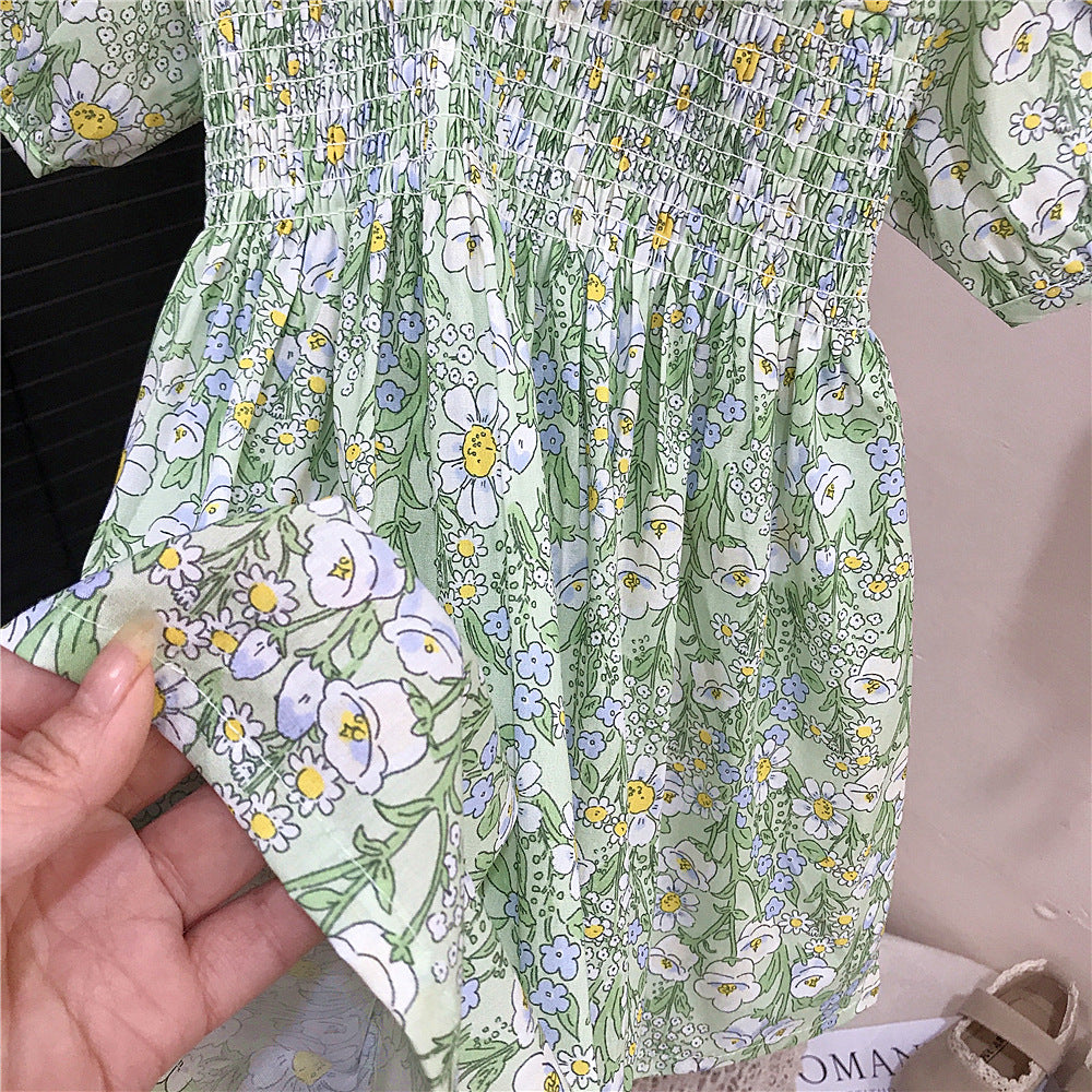 (In Production)Girls Spring&Summer Floral Print Smocked Dress