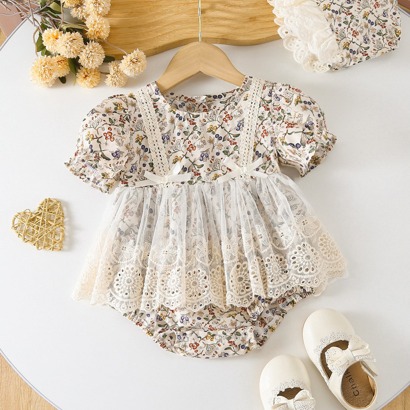 (In Production)Toddler Girls Spring&Summer Floral Print Lace Romper