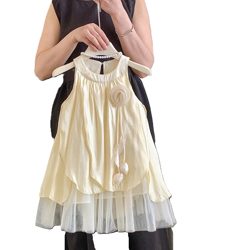 (In Production)Girls Spring&Summer Floral Mesh Halter Dress