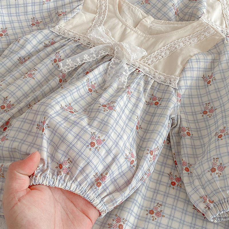 (In Production)Sisters Fall Floral Print Lace Bow Dress&Romper