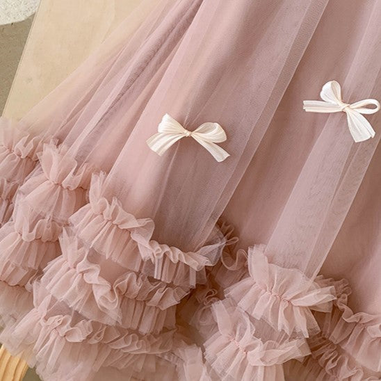 (In Production)Girls Spring&Summer Smoke Pink Bow Mesh Dress