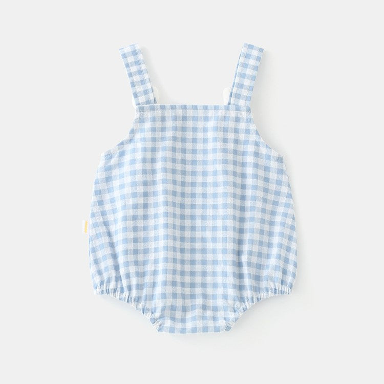 (Pre Order)Toddler Girls Spring and Summer Baby Blue Plaid Cotton Romper