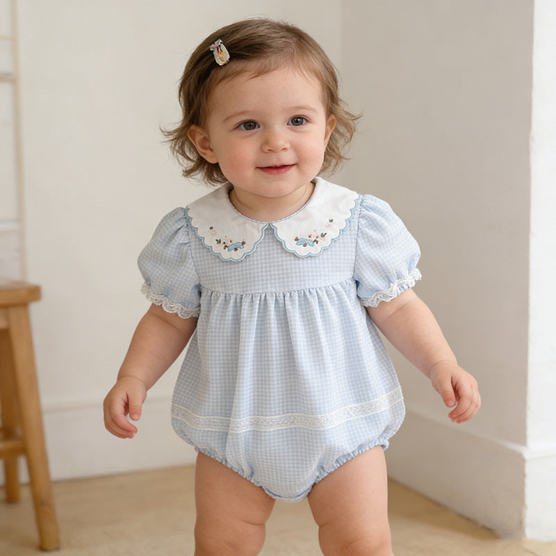 (In Production)One Pack(4 Pieces total)Sale Toddler Girls Scallop Embroidery Romper