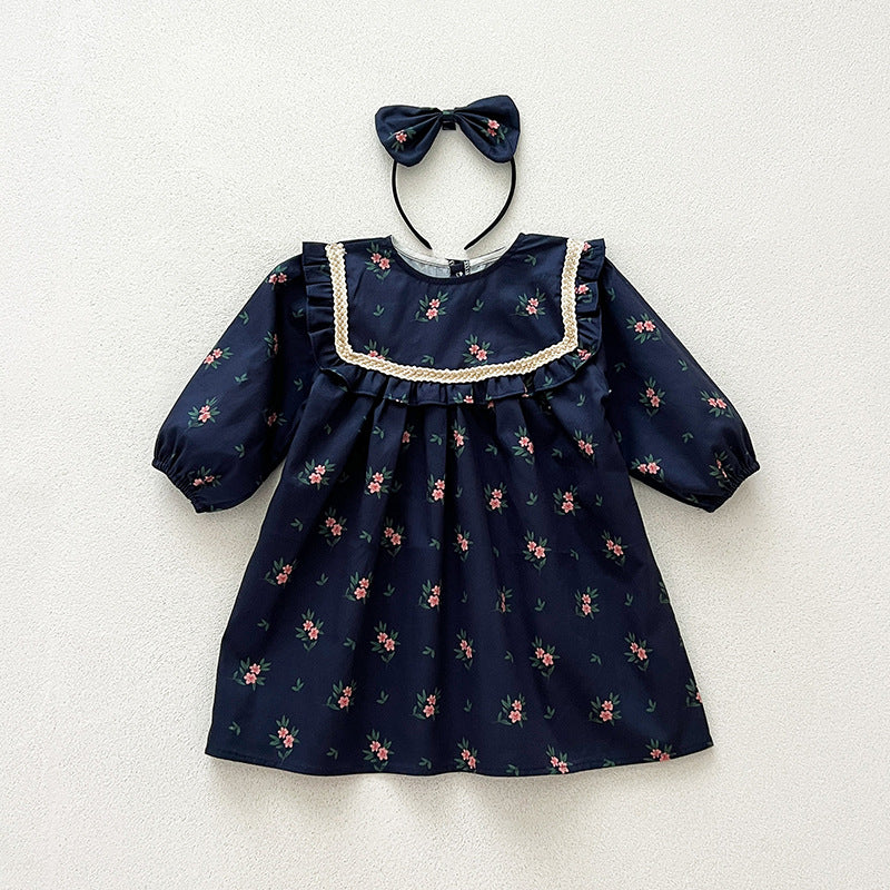(In Production)Sisters Fall Navy Floral Print Dress&Romper