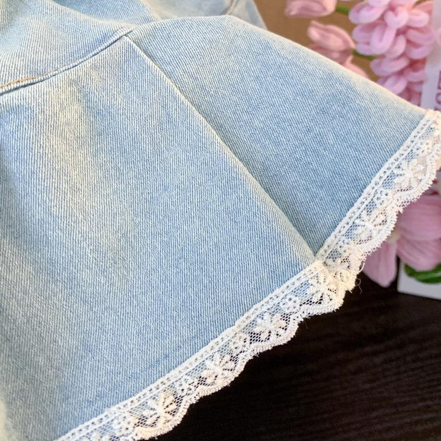 (In Production)Girls Spring&Summer Bow Lace Denim Pleated Skirt