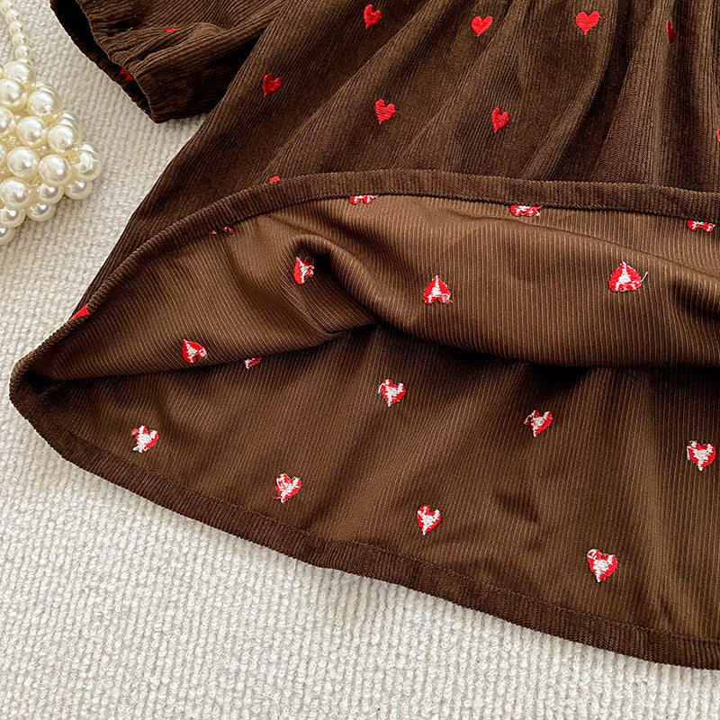 (Pre Order 2 Weeks)Sisters Fall Heart Embroidery Corduroy Dress&Romper