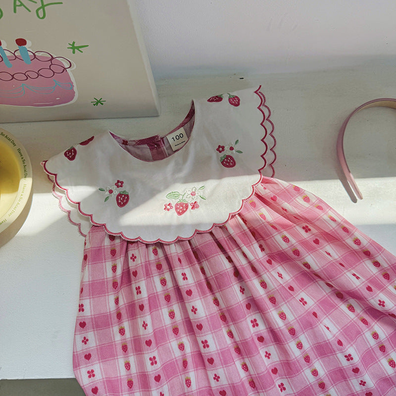 (In Production)Girls Spring&Summer Strawberry Embroidery Scallop Collar Dress