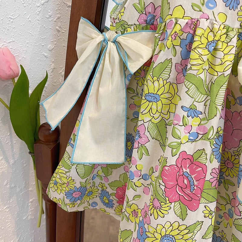 (In Production)Girls Spring&Summer Floral Print Flying Sleeves Dress