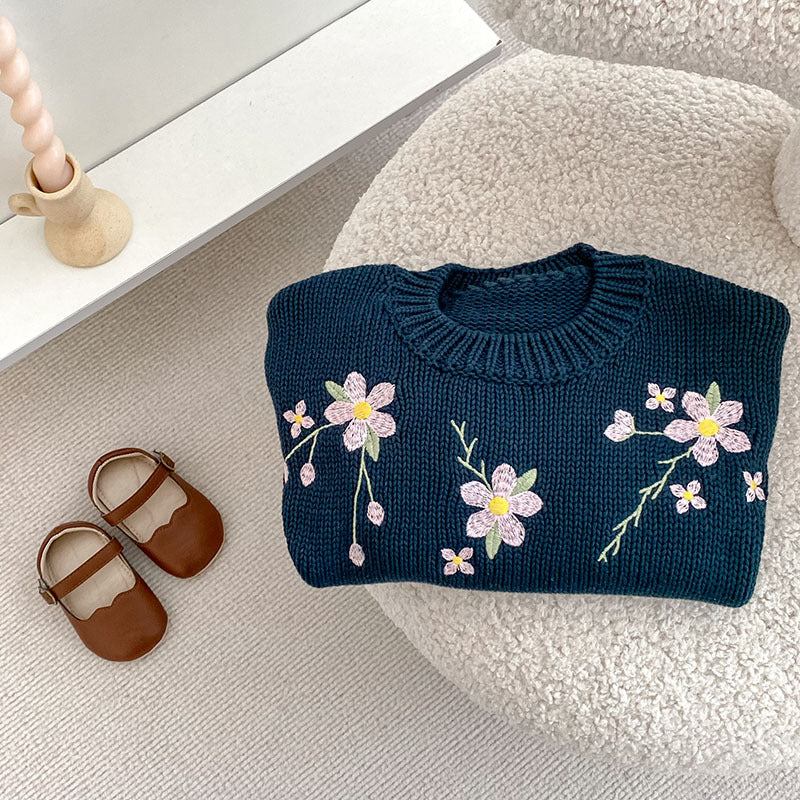 (Pre Order 2 Weeks)Girls Fall Floral Embroidery Navy Blue Sweater
