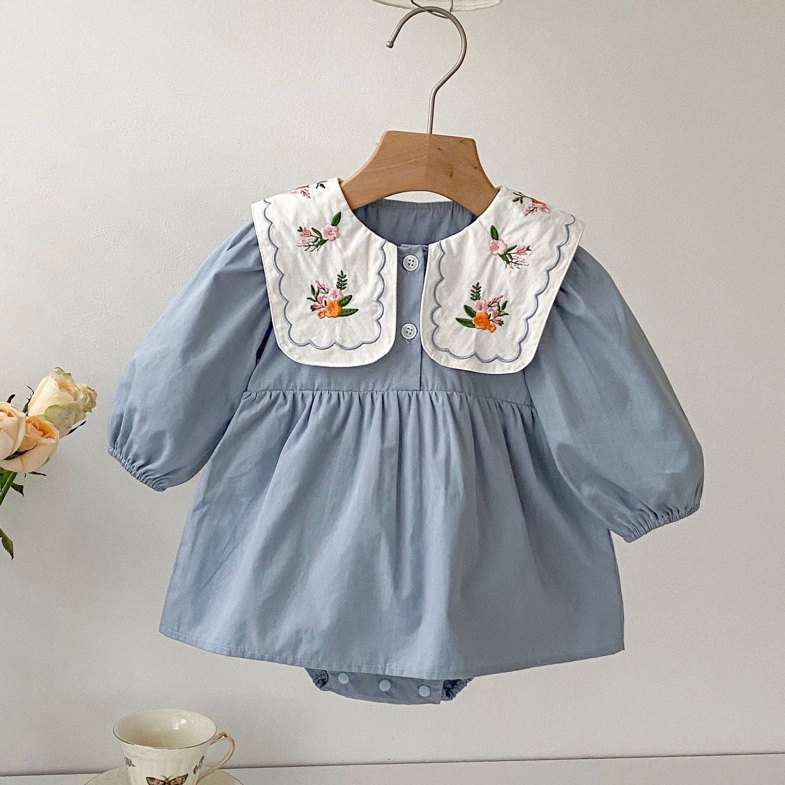 (In Production)Girls Fall Floral Embroidery Romper