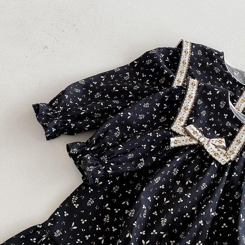 (In Production)Sisters Fall Floral Print Bow Dress&Romper