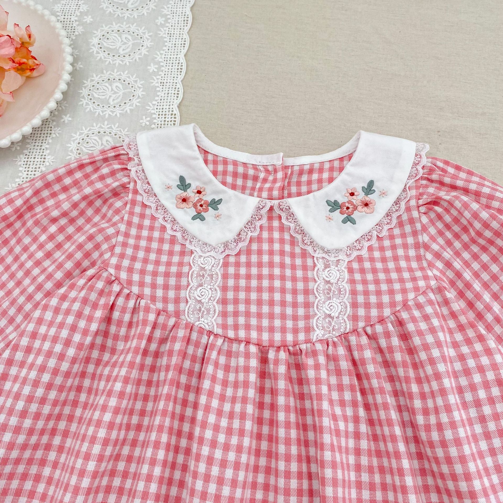 (Pre Order 2 Weeks)Sisters Fall Floral Embroidery Lace Pink Plaid Dress&Romper