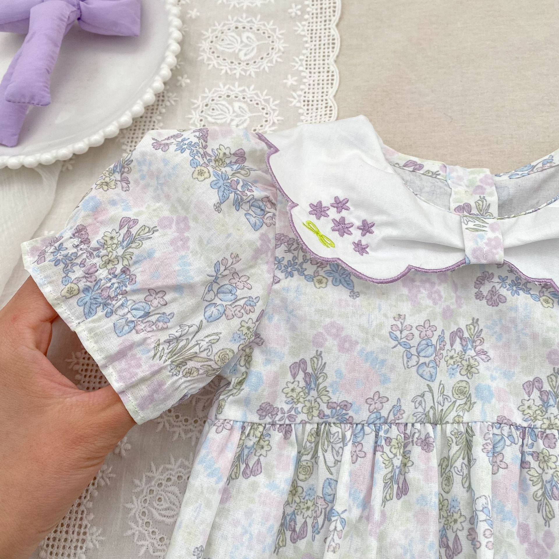 (Pre Order 2 Weeks)Sisters Lavender Embroidery Scallop Collar Dress&Romper