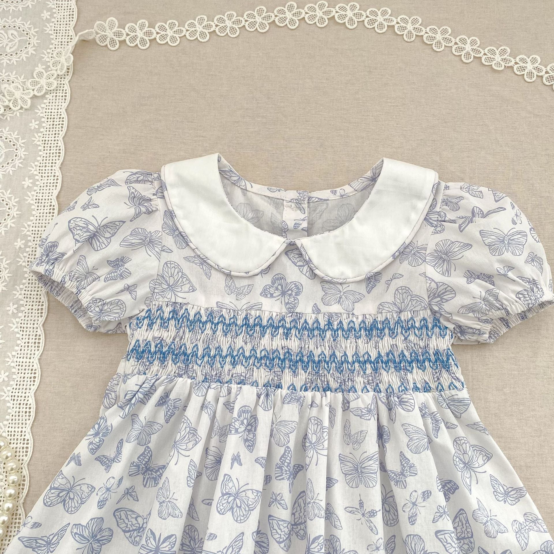 (In Production)Sisters Spring&Summer Blue Butterfly Print Smocked Dress,Romper