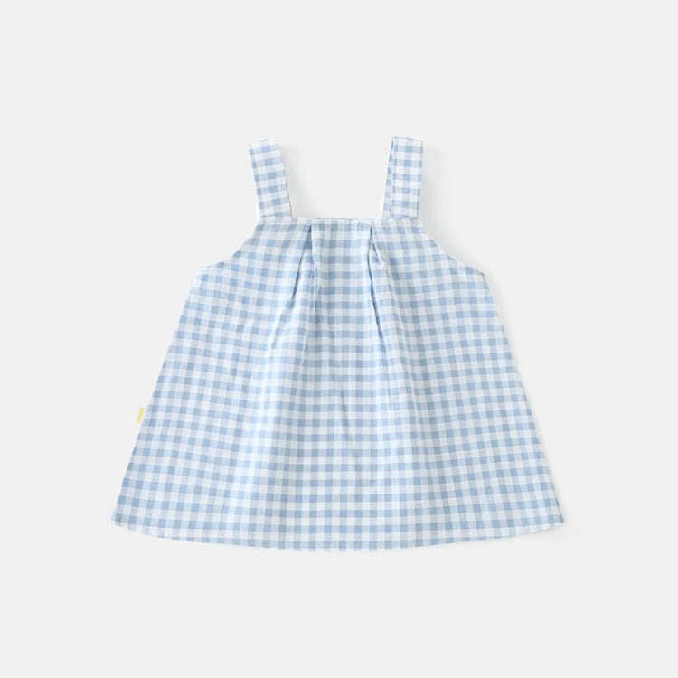 (Pre Order)Girls Spring and Summer Baby Blue Plaid Cotton Dress