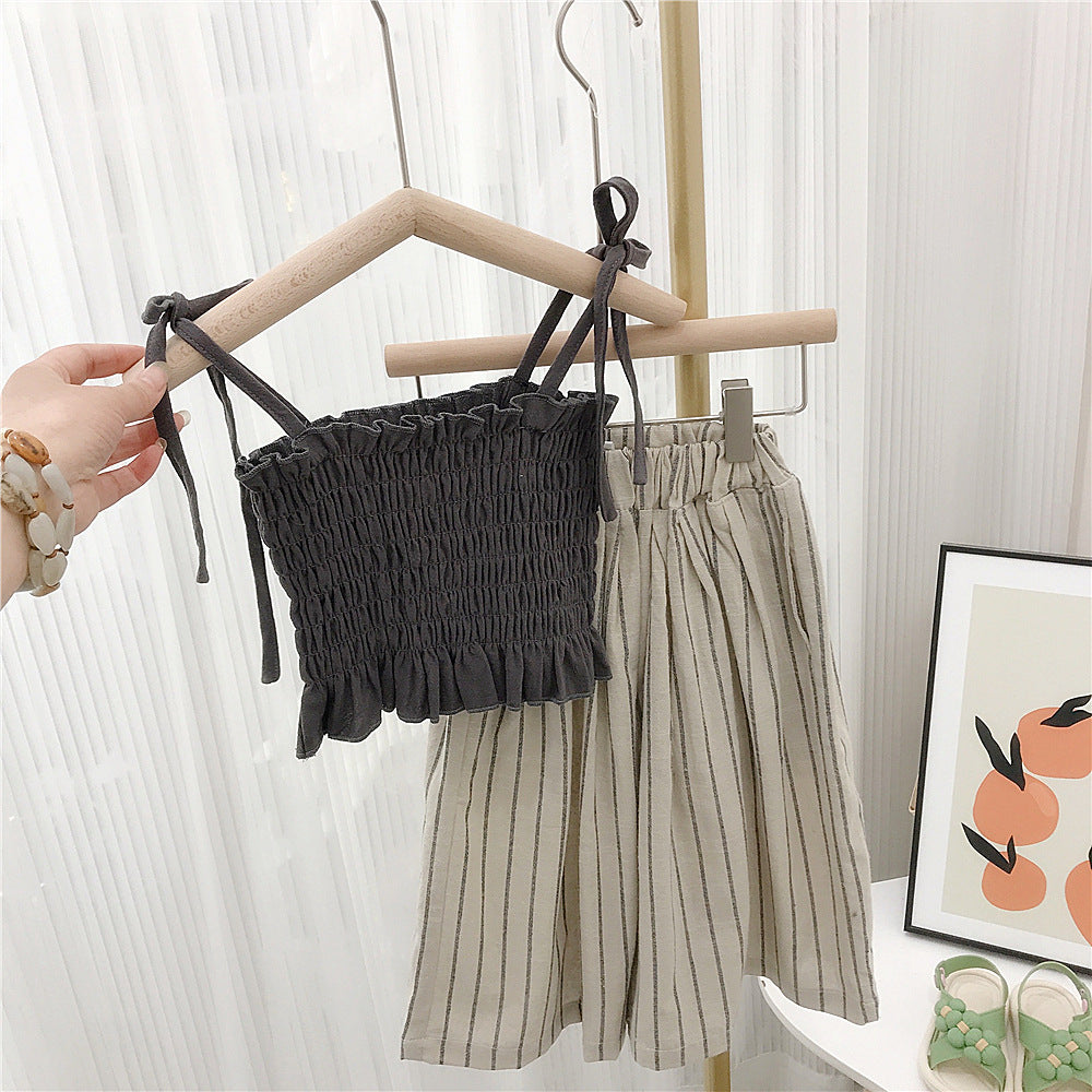 (In Production)Girls Summer Smocked Slip Top Linen Stripe Pants Set