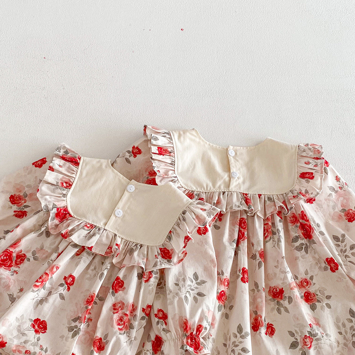 (In Production)Sisters Fall Rose Print Ruffle Dress&Romper