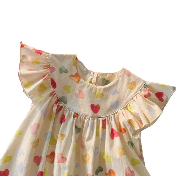(In Production)Girls Spring and Summer Love Print Flying Sleeves Dress