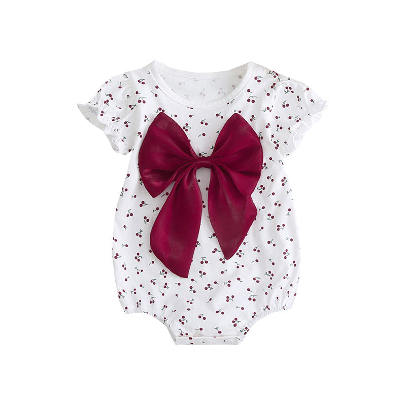 (In Production)Toddler Girls Spring&Summer Cherry Print Bow Romper