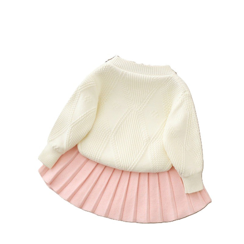 (In Production)Girls Fall&Winter Cherry Sweater Cardigan Skirt Set