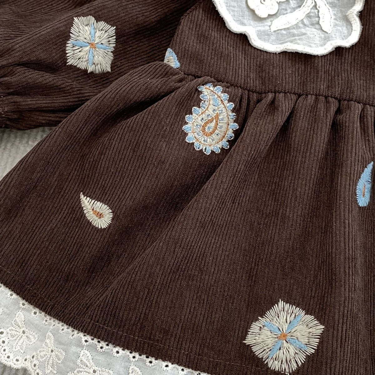 (Pre Order 2 Weeks)Sisters Fall Embroidery Corduroy Dress&Romper