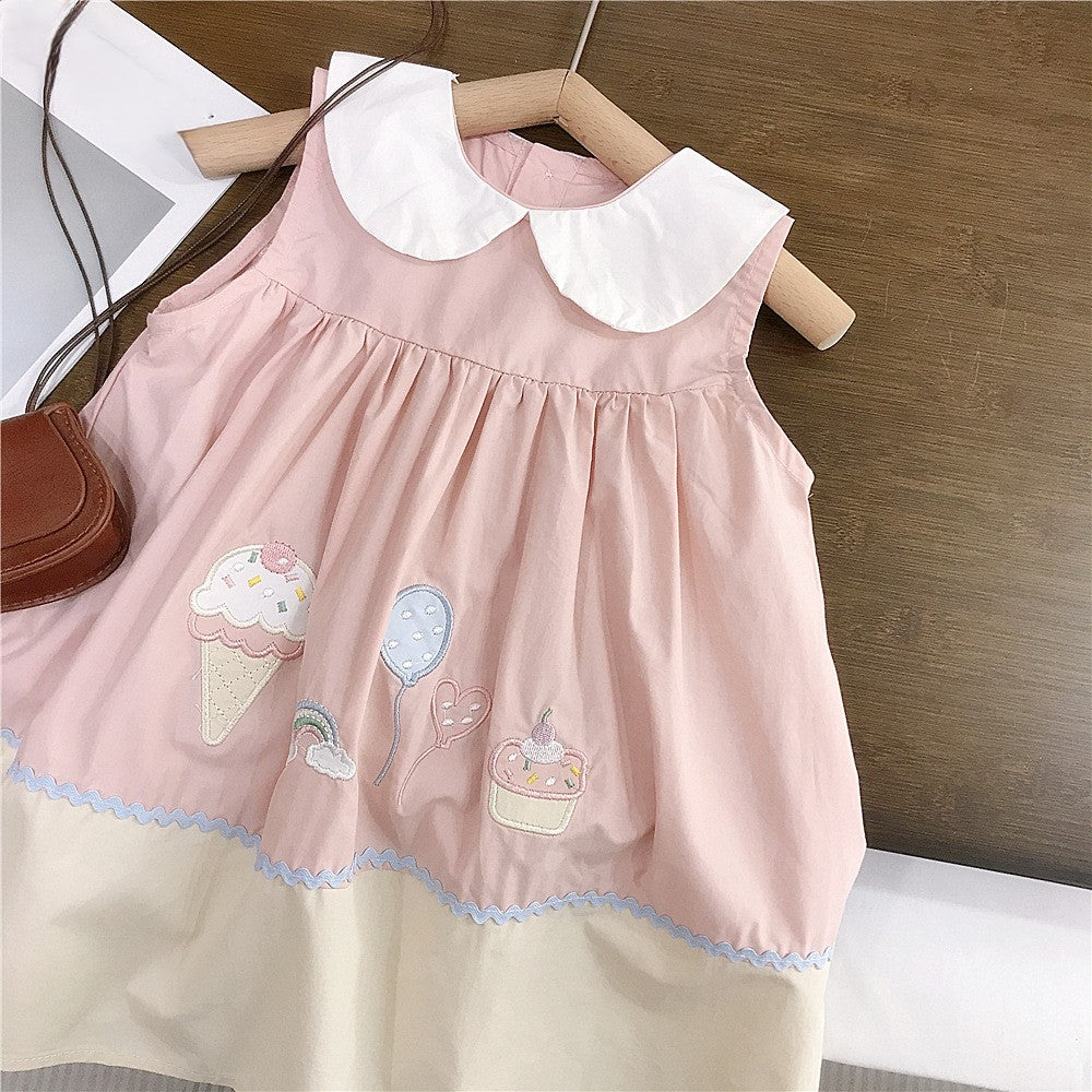 (In Production)Girls Summer Ice Cream Applique Doll Collar Dress