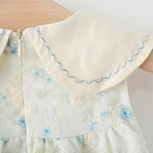 (In Production)Girls Spring&Summer Floral Embroidery Petal Collar Dress