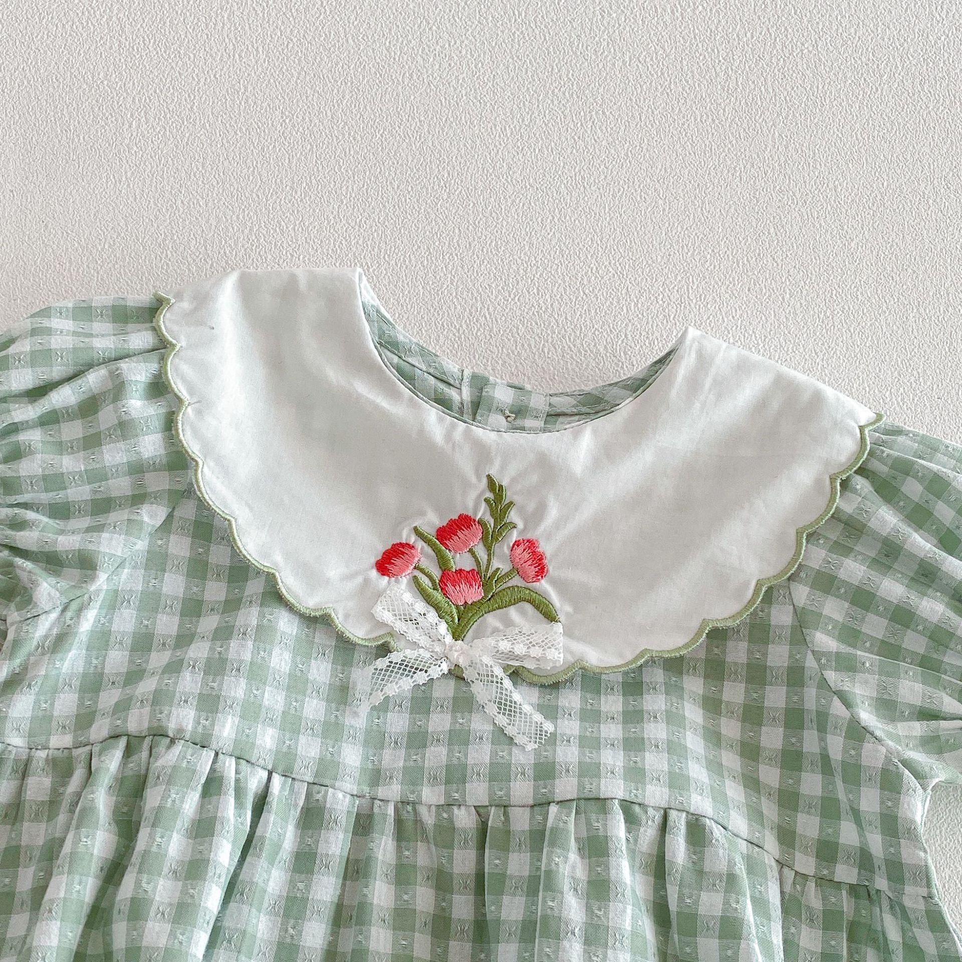 (In Production)Sisters Summer Floral Embroidery Scallop Collar Dress&Romper