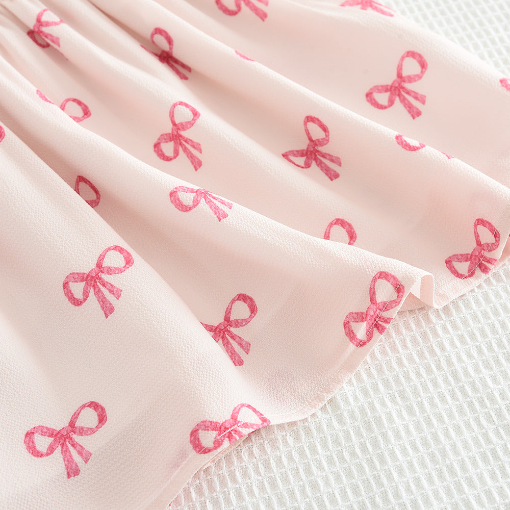 (In Production)Girls Spring and Summer Bow Print Puffed Sleeves Dress